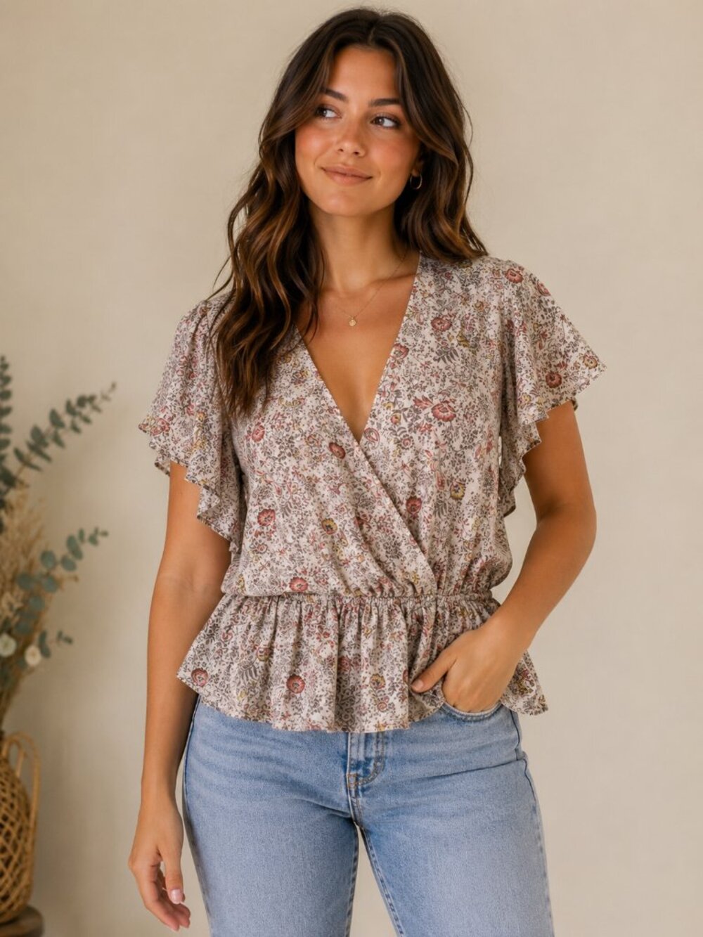 Melloday Floral Peplum Wrap Blouse Women's Large Boho Flutter Sleeve